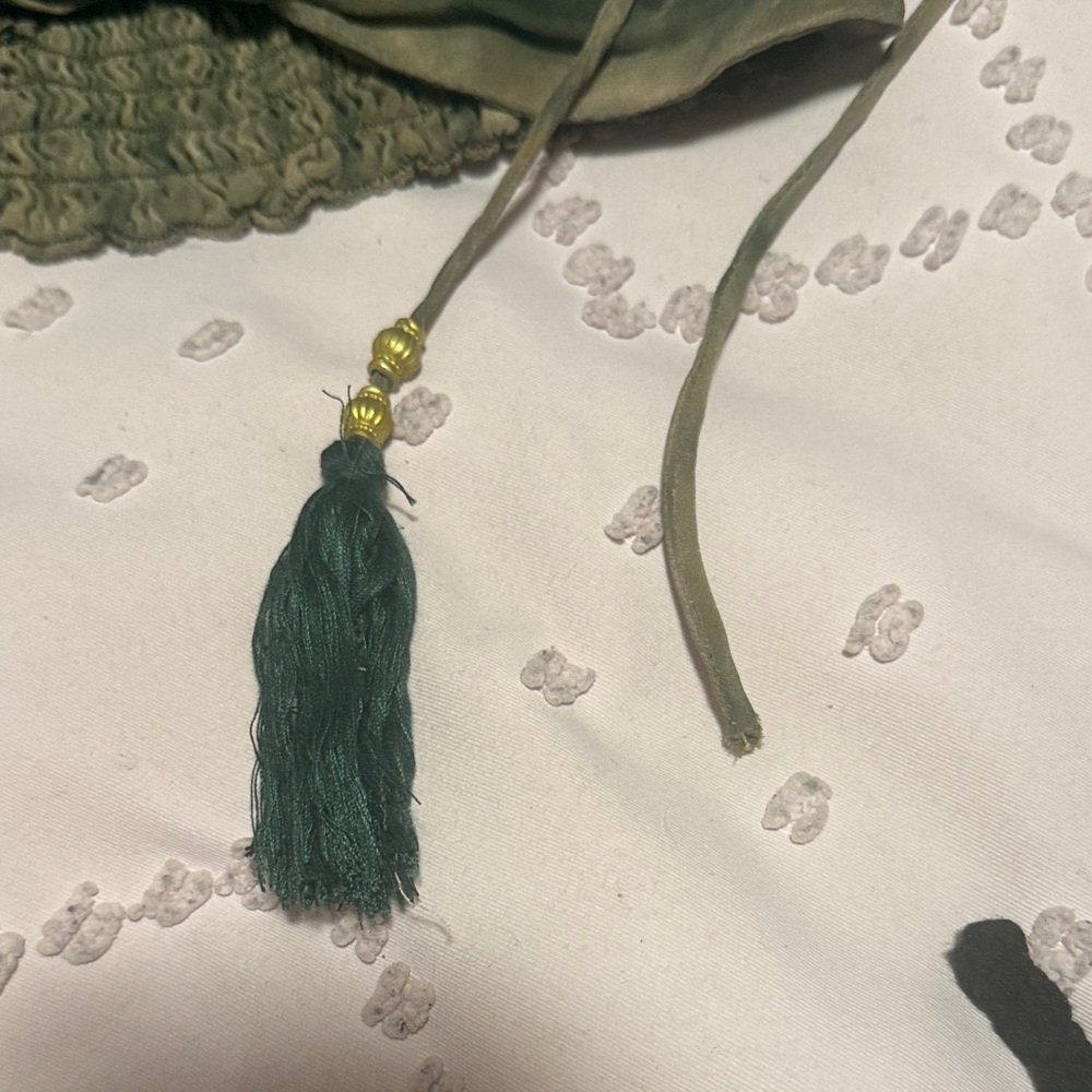 Army Forest Sage Tan Pink Green Beaded Strapless Silk Top with Tassels - Picture 4 of 6